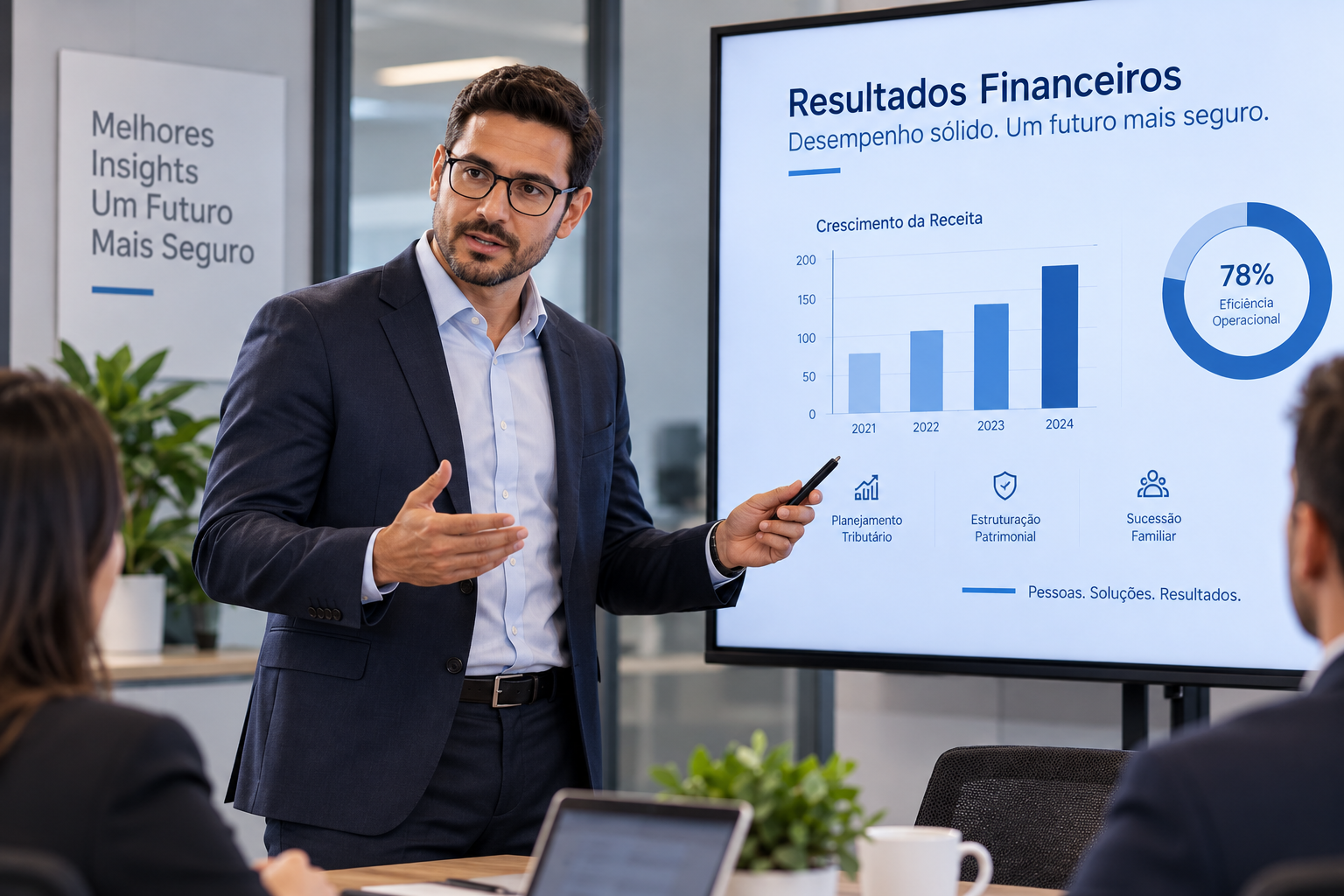Consultor da K2N apresentando resultados financeiros em reunião de diretoria
